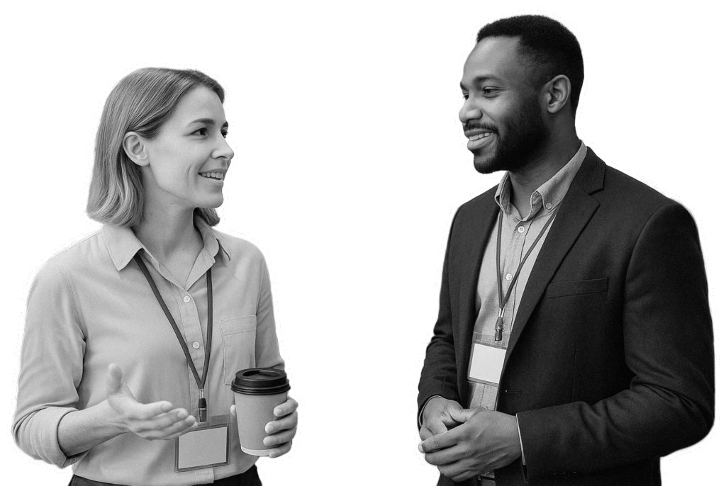 Two professionals in conversation at a networking event